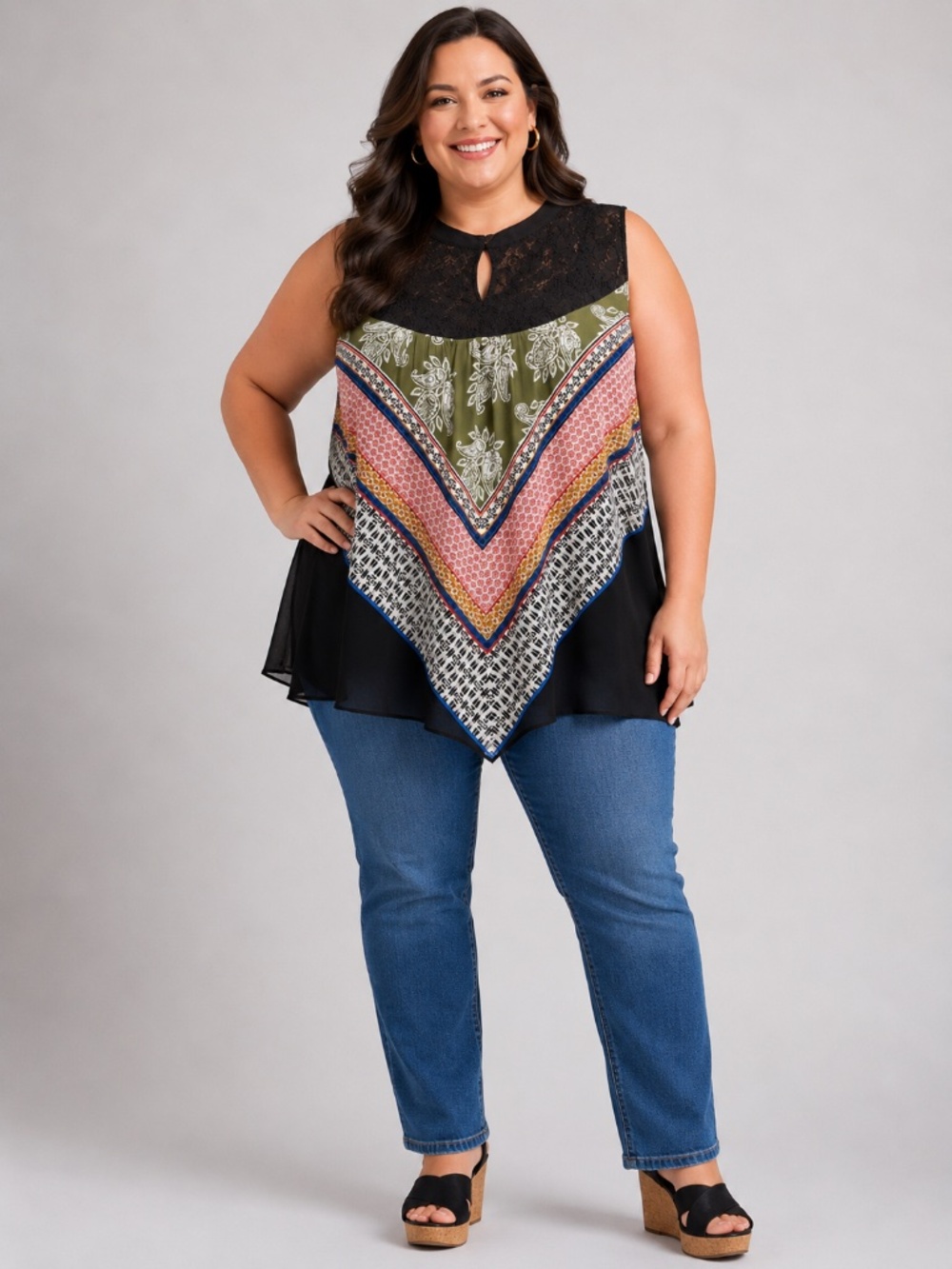 DR2 Women's Blouse Plus 3X Swing Top Multi-Colour Sleeveless Top Lined Mesh NWT